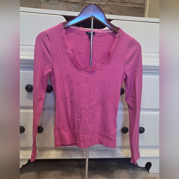Express "HOT PINK" Lace Trim Long Sleeve Top- Ribbed - Picture 7 of 9